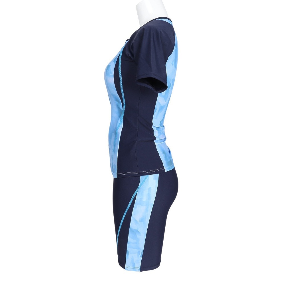 フィラ（FILA）（レディース）フィットネス水着 水泳 タイダイプリント 半袖ジップセパレート 青 紺 M-LLサイズ 315605 NV めくれ防止スナップ付き 上下セット