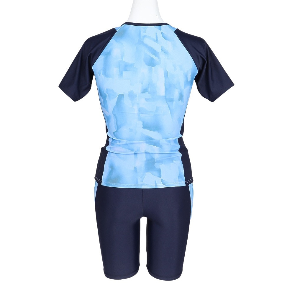 フィラ（FILA）（レディース）フィットネス水着 水泳 タイダイプリント 半袖ジップセパレート 青 紺 M-LLサイズ 315605 NV めくれ防止スナップ付き 上下セット