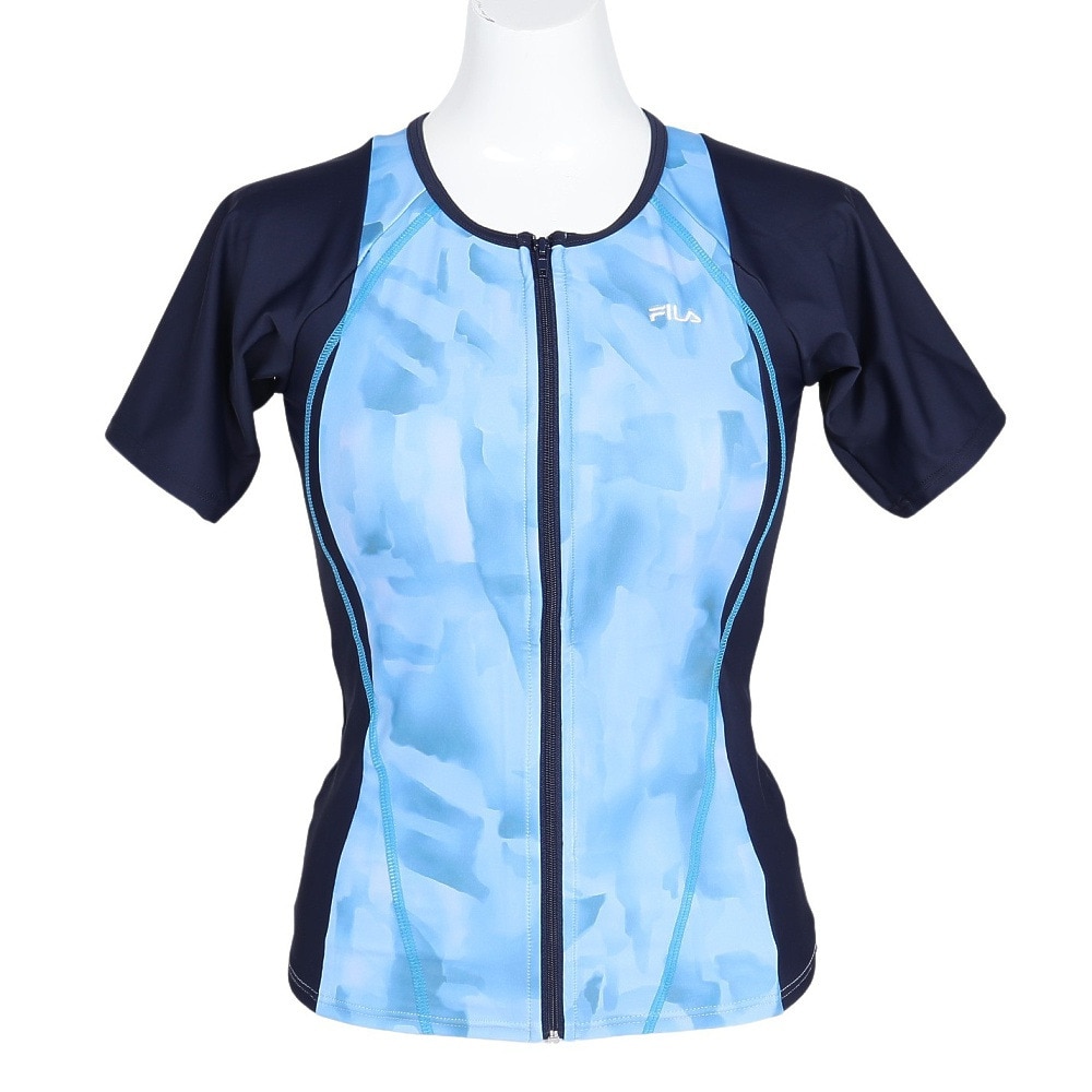 フィラ（FILA）（レディース）フィットネス水着 水泳 タイダイプリント 半袖ジップセパレート 青 紺 M-LLサイズ 315605 NV めくれ防止スナップ付き 上下セット