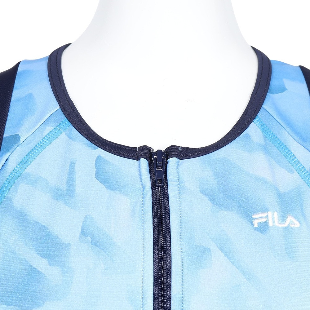 フィラ（FILA）（レディース）フィットネス水着 水泳 タイダイプリント 半袖ジップセパレート 青 紺 M-LLサイズ 315605 NV めくれ防止スナップ付き 上下セット