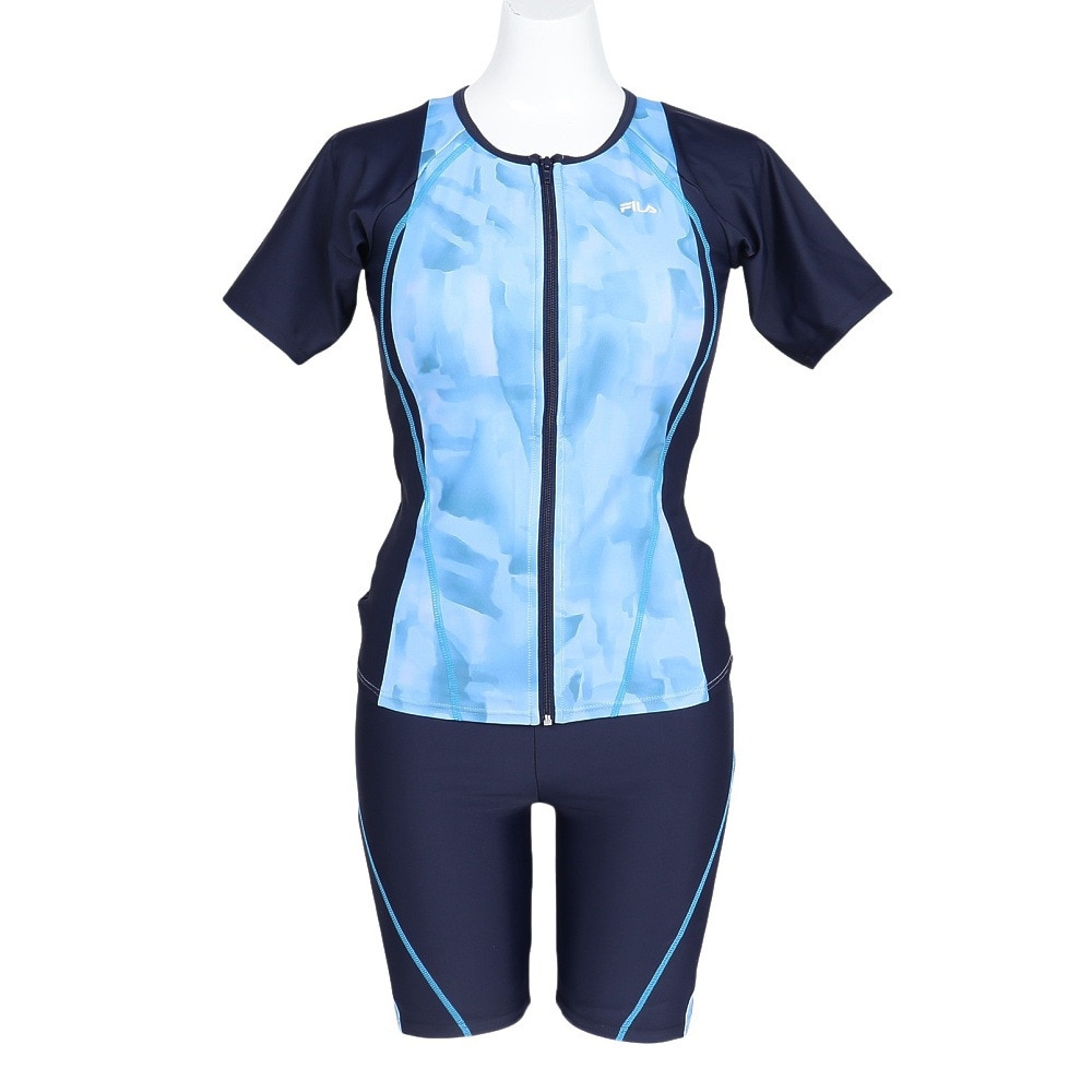 フィラ（FILA）（レディース）フィットネス水着 水泳 タイダイプリント 半袖ジップセパレート 青 紺 M-LLサイズ 315605 NV めくれ防止スナップ付き 上下セット