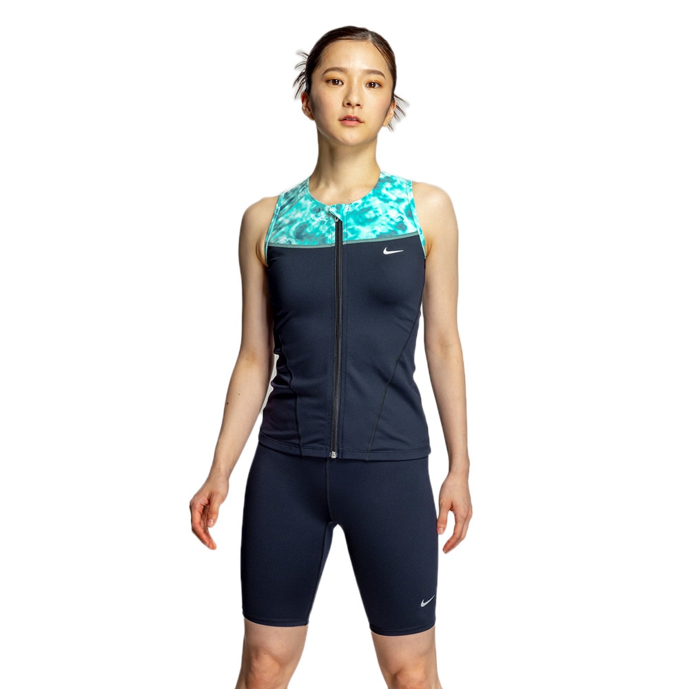 ナイキ（NIKE）（レディース）フィットネス水着 水泳 ジップ付きセパレーツ 上下セット 緑 M-LLサイズ 2993144-007 スイムウェア