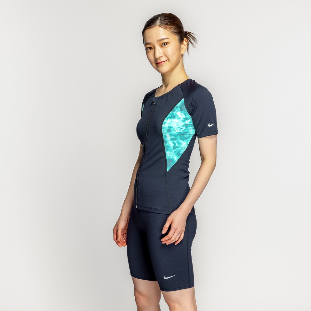 ナイキ（NIKE）（レディース）フィットネス水着 水泳 ジップ付き半袖セパレーツ 上下セット 緑 M-LLサイズ 2993145-007