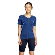 (レディース)フィットネス水着 水泳 ジップ付き半袖セパレーツ 上下セット 紺 M-3Lサイズ 2993145-008