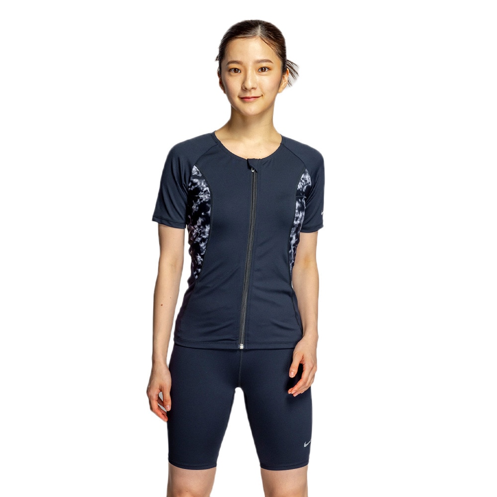 ナイキ（NIKE）（レディース）フィットネス水着 水泳 ジップ付き半袖セパレーツ 上下セット 黒 M-3Lサイズ 2993145-009