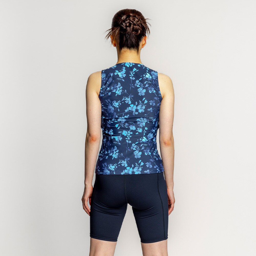 ナイキ（NIKE）（レディース）フィットネス水着 水泳 総柄ジップ付きセパレーツ 上下セット 紺 M-LLサイズ 2993148-008