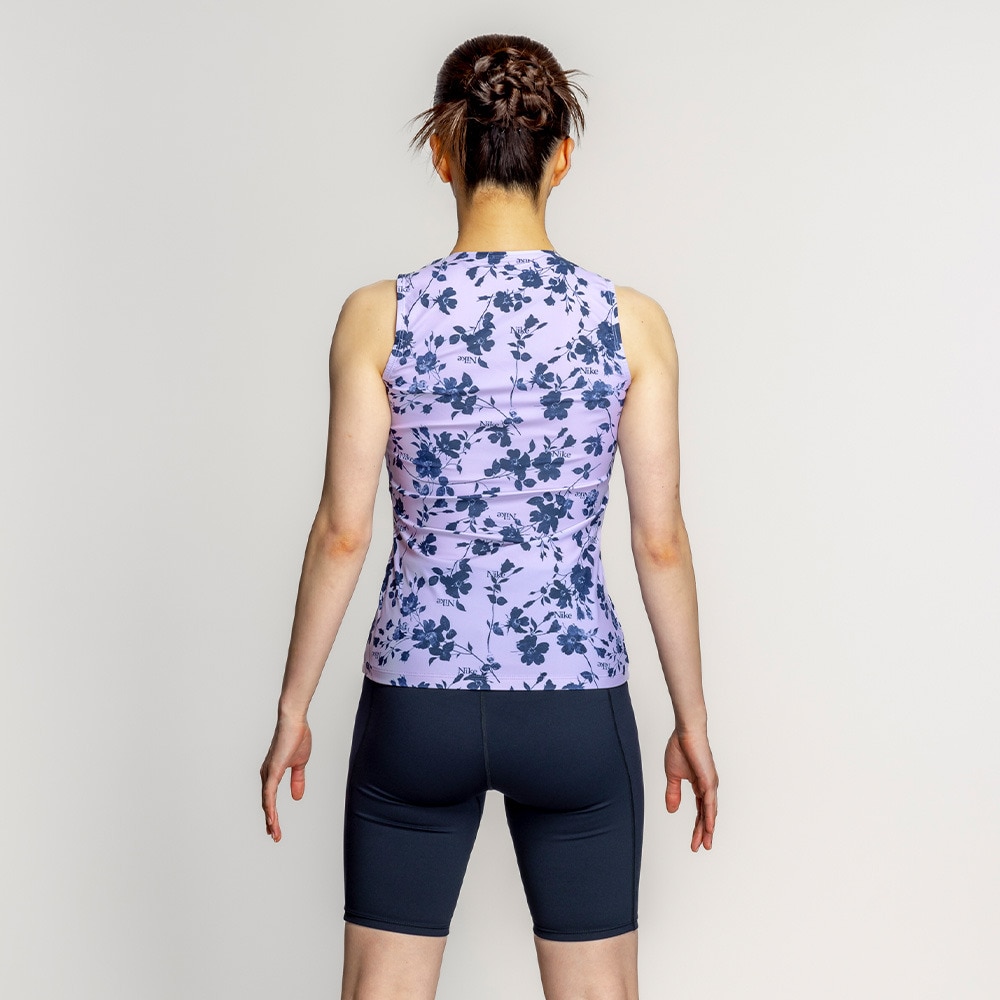 ナイキ（NIKE）（レディース）フィットネス水着 水泳 総柄ジップ付きセパレーツ 上下セット 紫 M-LLサイズ 2993148-024