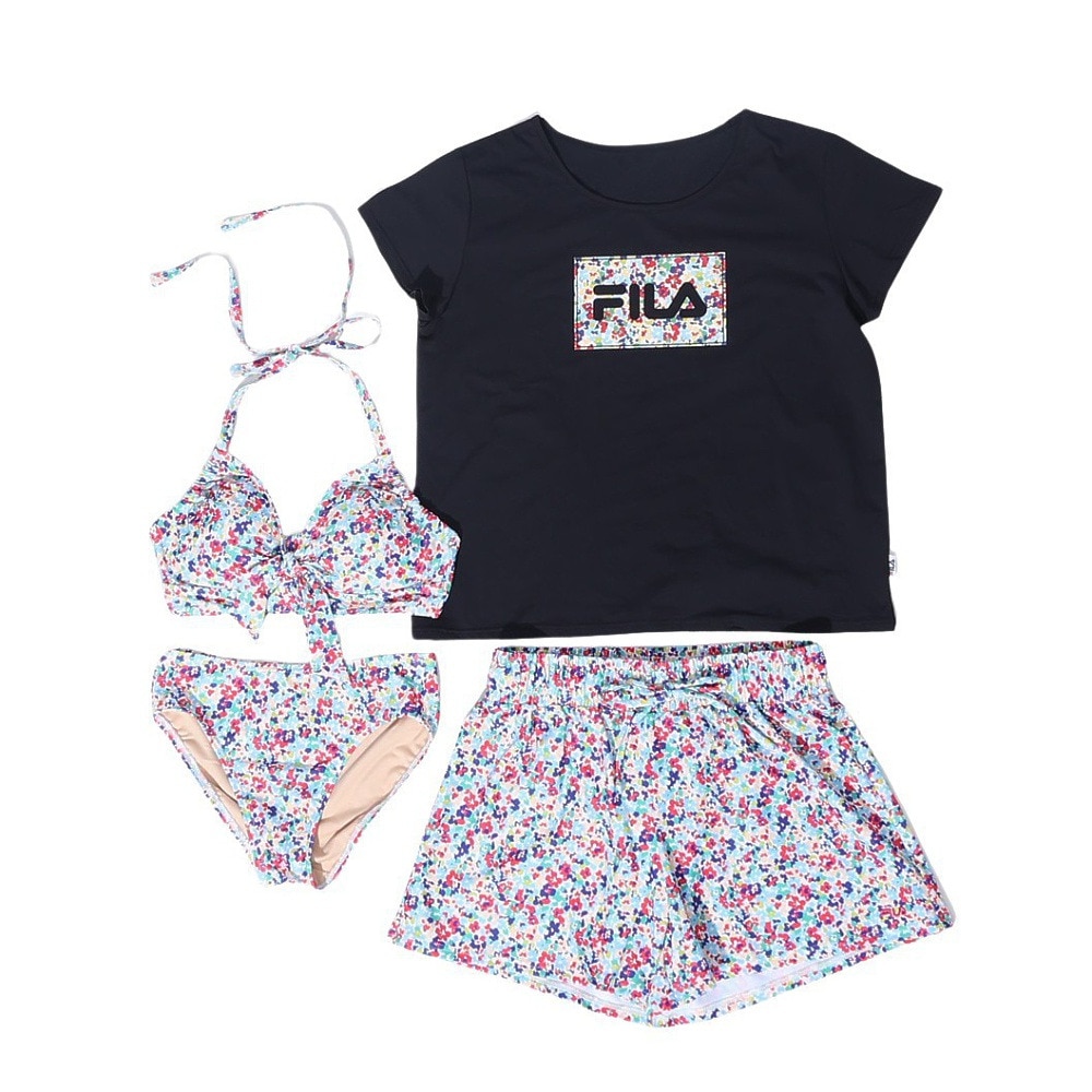 フィラ（FILA）（レディース）水着 4点セット ガールズ ロゴTシャツ付き 324603-BK ブラック 上下水着 フラワー 