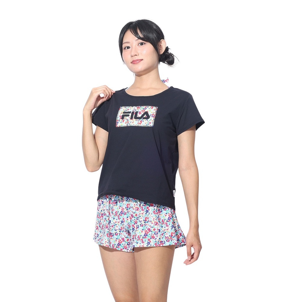 フィラ（FILA）（レディース）水着 4点セット ガールズ ロゴTシャツ付き 324603-BK ブラック 上下水着 フラワー 