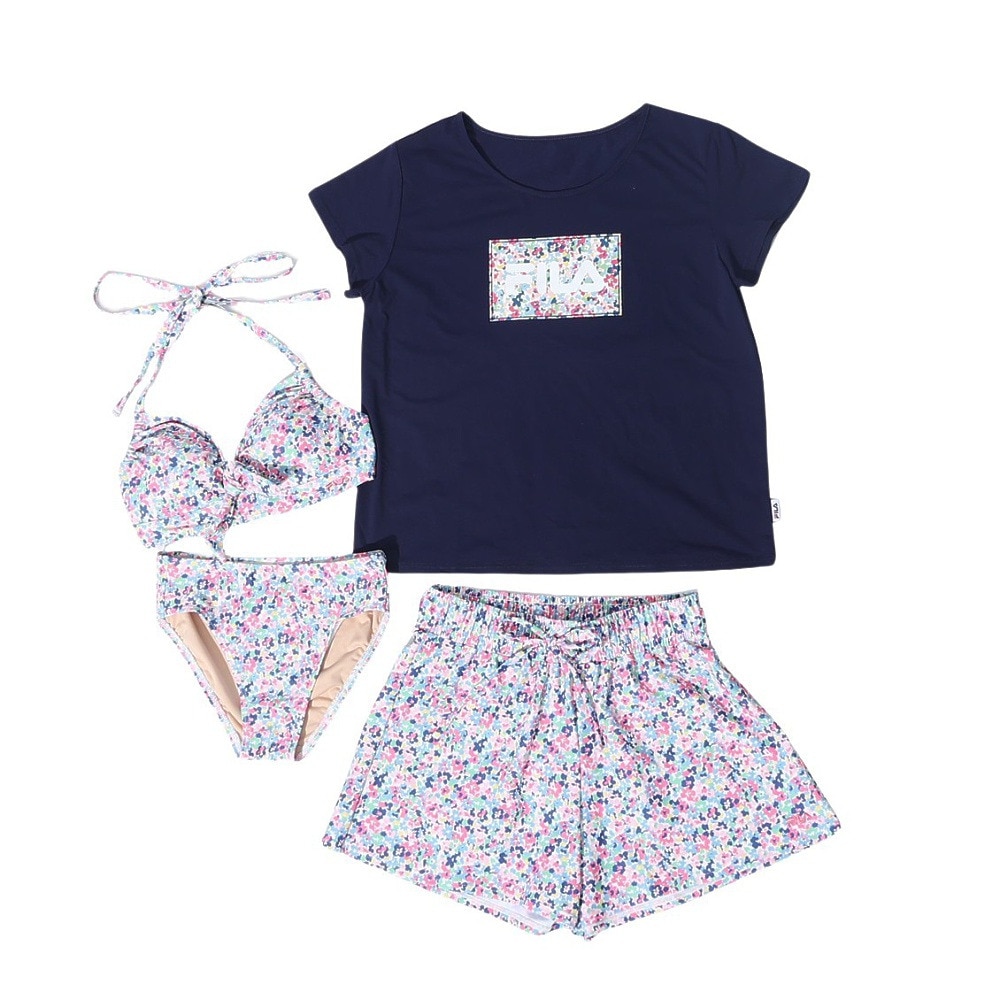 フィラ（FILA）（レディース）水着 4点セット ガールズ ロゴTシャツ付き 324603-NV ネイビー 上下水着 フラワー