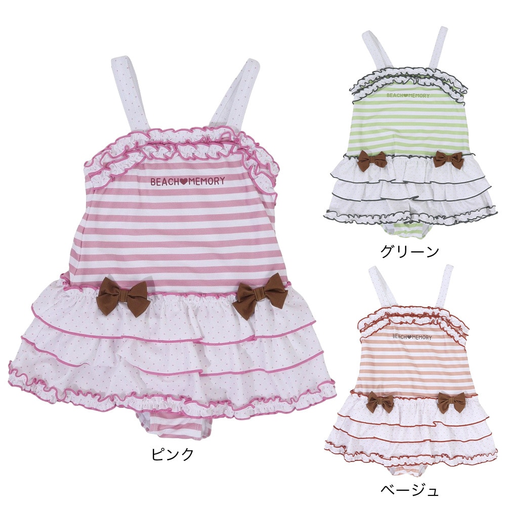 ビーチメモリー（BEACH MEMORY）（キッズ）水着 フリル ボーダー ワンピース水着 312031-23 GRN グリーン