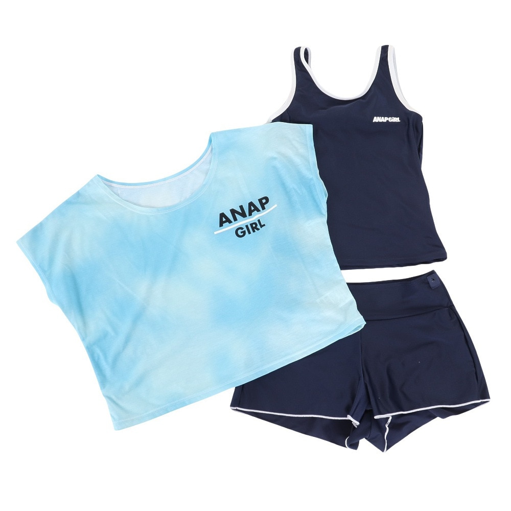 アナップ（ANAP）（キッズ）水着 ジュニア 子供 女の子 オンスクール水着 Tシャツ付き セパレート 3点セット 372855-24NVY