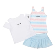 (キッズ)ボーダータンキニ Tシャツ付き 水着3点セット 375182-25PNK