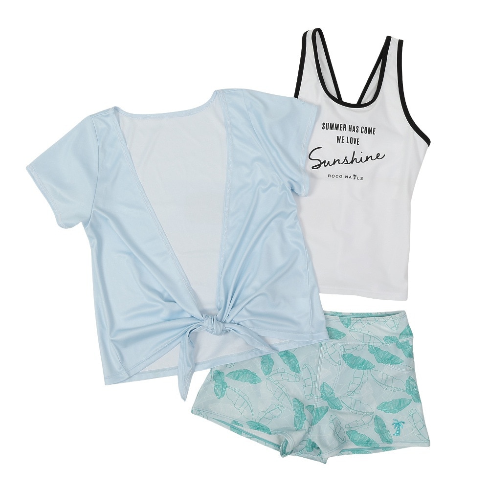 ロコネイル（ROCO NAILS）（キッズ）リーフ柄タンキニ Tシャツ付き 水着3点セット 375351-25WHT