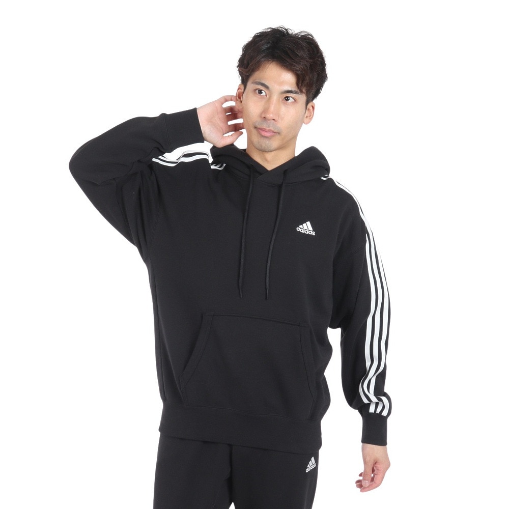 アディダス（adidas）（メンズ）エッセンシャルズ プラス ルーズフィット スリーストライプス フレンチテリー プルオーバーパーカー KWF08-JF3976
