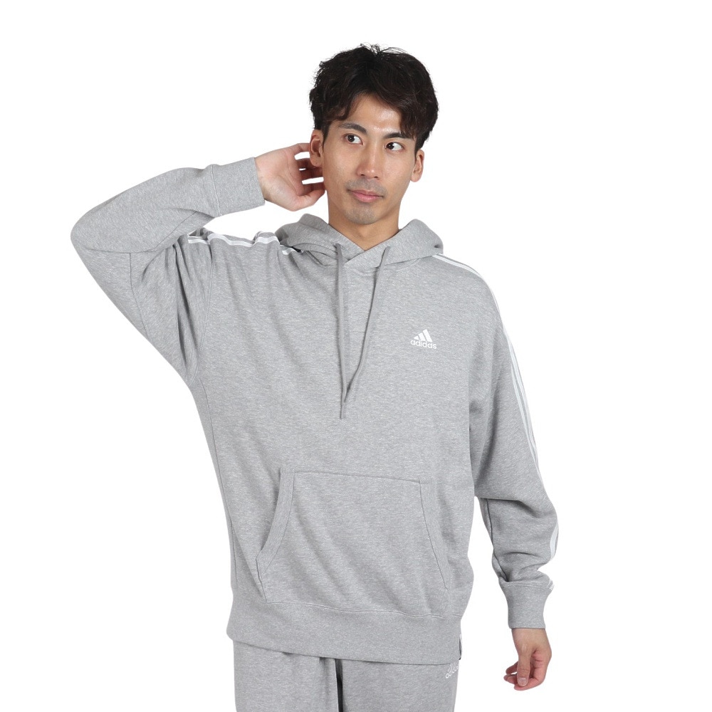 アディダス（adidas）（メンズ）エッセンシャルズ プラス ルーズフィット スリーストライプス フレンチテリー プルオーバーパーカー KWF08-JF3984