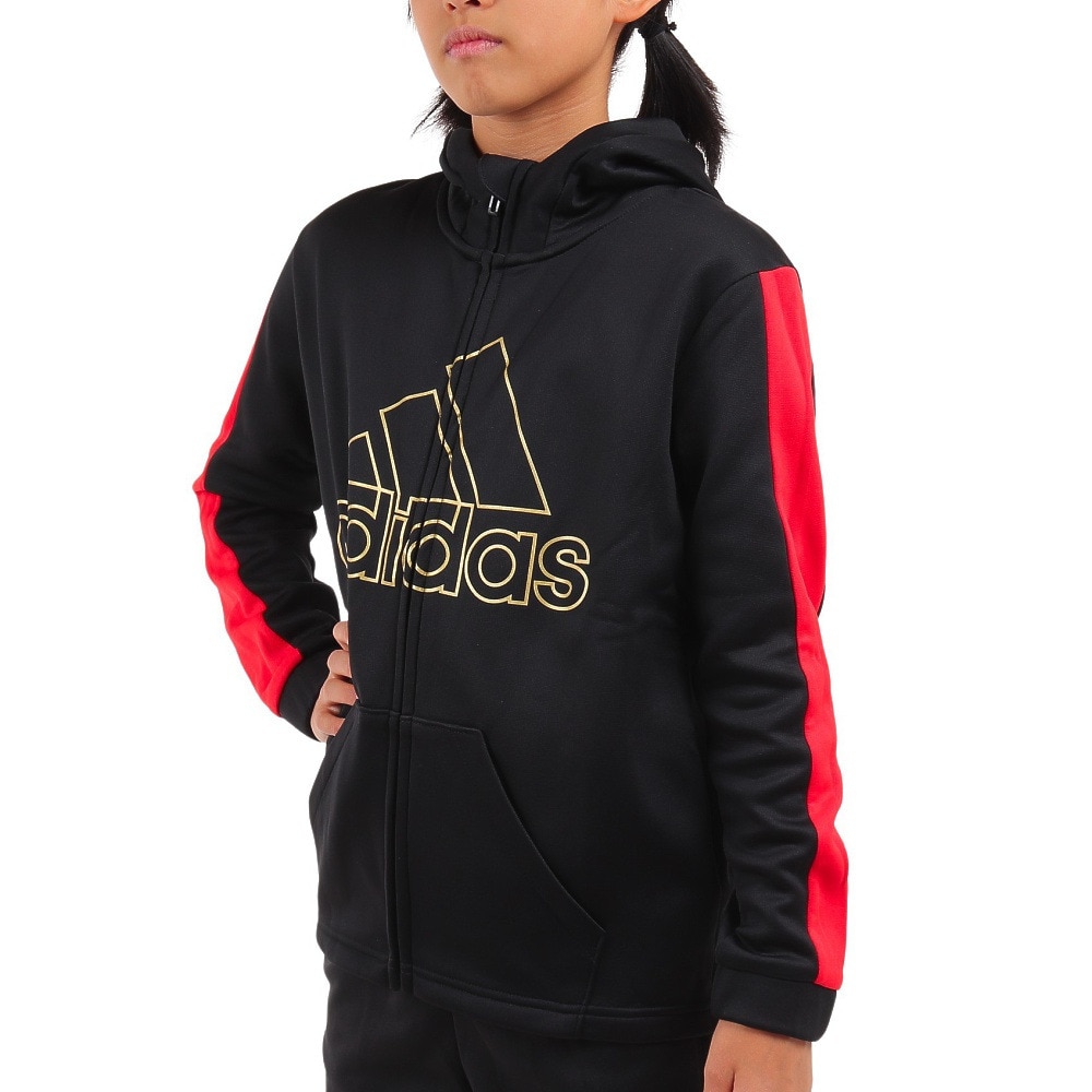 アディダス（adidas）（キッズ）ジャケット フリース 裏起毛 ブラック ポリエステル ニットジャケット フーディ Q3688-HM9593 