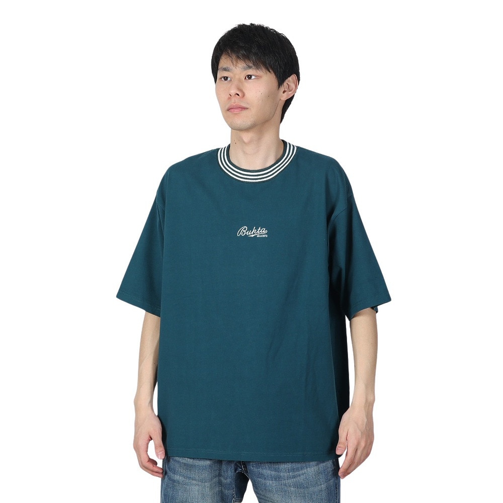 バクタ（BUKTA）（メンズ）襟ライン ロゴ刺繍 半袖Tシャツ BU2345805:65:GREEN