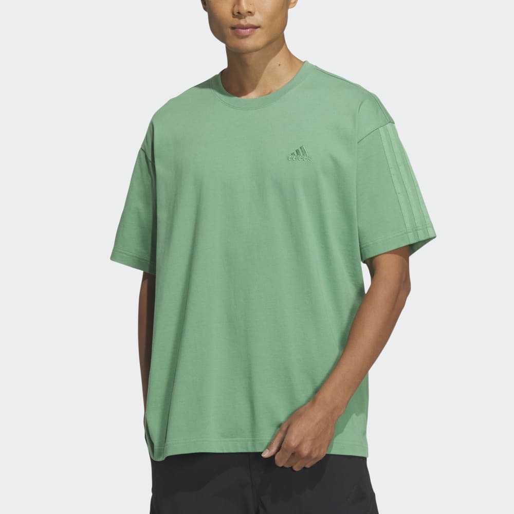 アディダス（adidas）（メンズ、レディース）スリーストライプス Tシャツ 半袖 KUE35-IT0892 グリーン ヘビーウェイト ルーズフィット