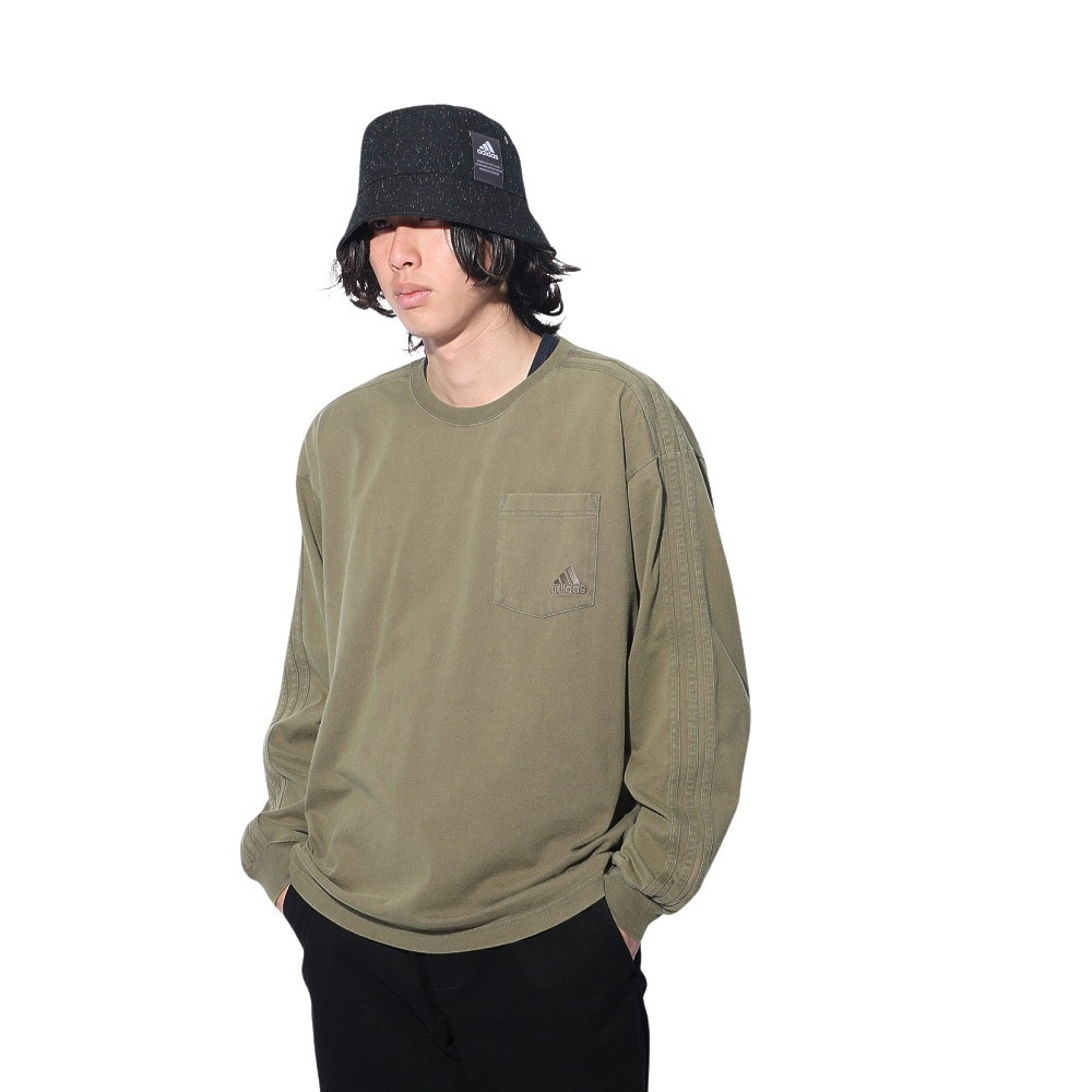 アディダス（adidas）（メンズ、レディース）スリーストライプス WASH ロングスリーブTシャツ KUE34-IT0889  ロンT 長袖 ヘビーウェイト ルーズフィット