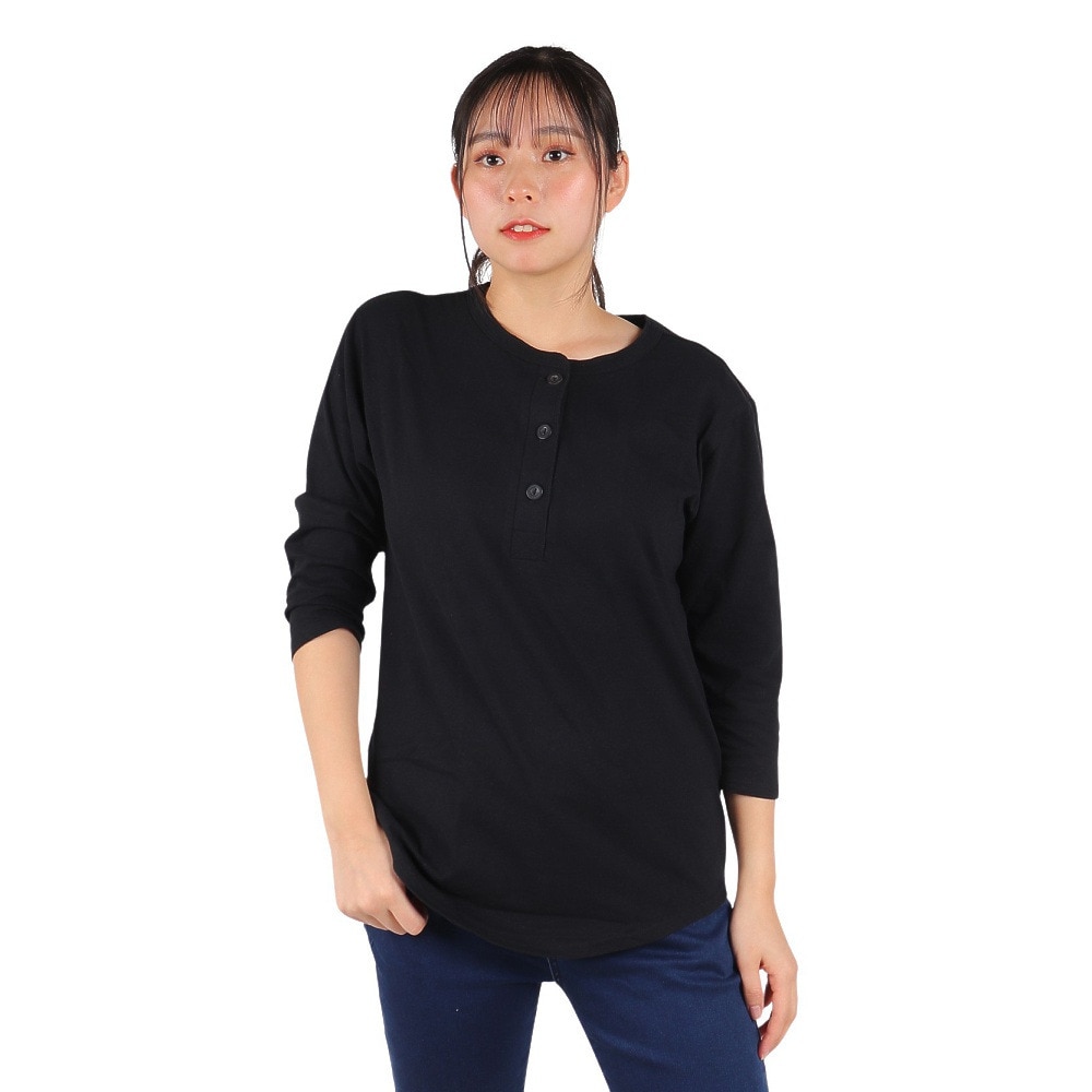 ヘインズ（Hanes）（レディース）リサイクルコットン ヘンリーネック 七分袖Tシャツ HW1-U501 001