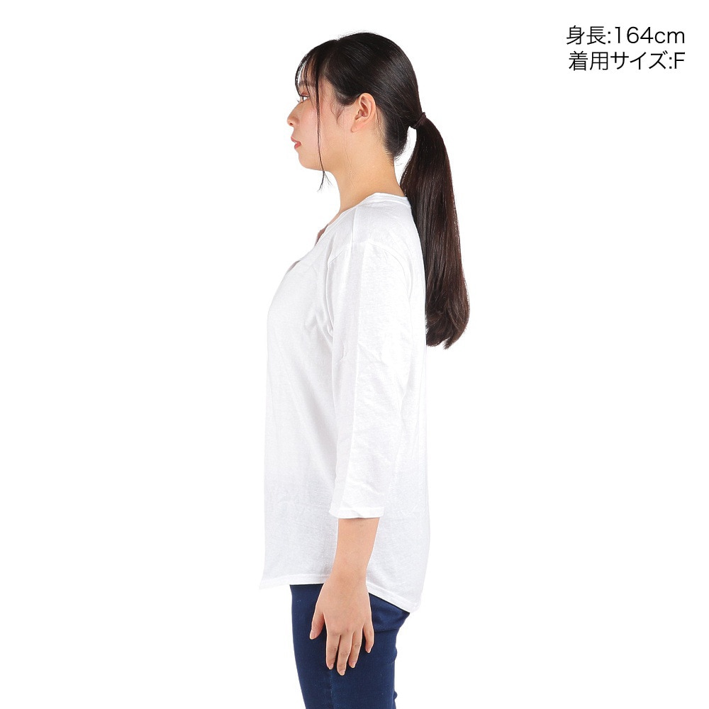 ヘインズ（Hanes）（レディース）リサイクルコットン ヘンリーネック 七分袖Tシャツ HW1-U501 010