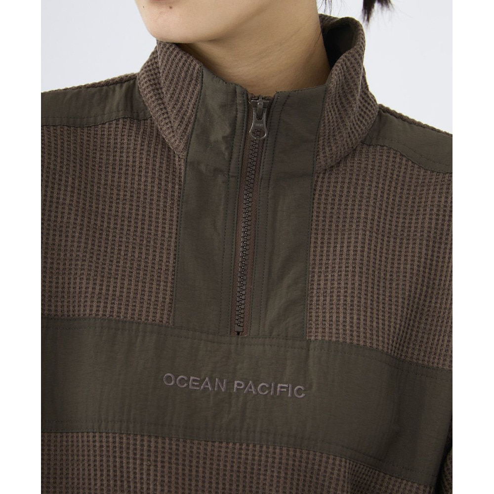 オーシャンパシフィック（Ocean Pacific）（レディース）ハーフジップ切り替え裏起毛ワッフルプルオーバー 553004BRN