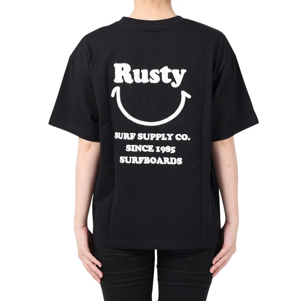 ラスティ（RUSTY）（レディース）半袖Tシャツ レディース 胸ポケット バックプリント スマイル 923501BLK