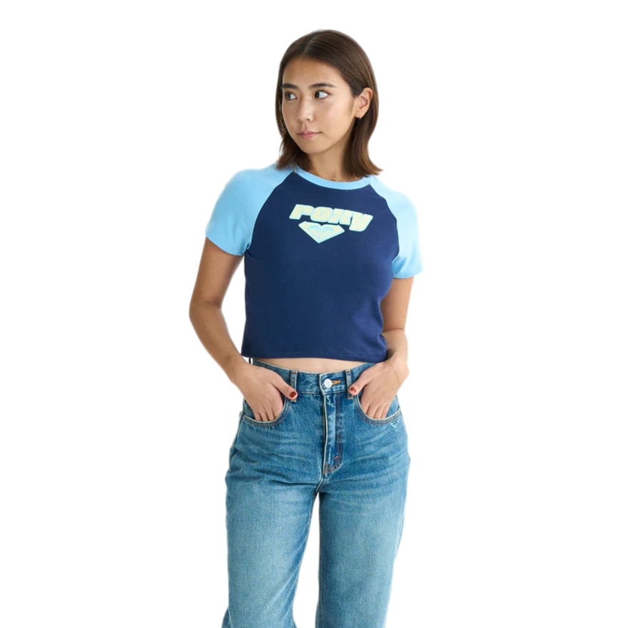 ロキシー（ROXY）（レディース）半袖Tシャツ チビT 丈短め ラグラン SUN OVER 25SURST252041NVY