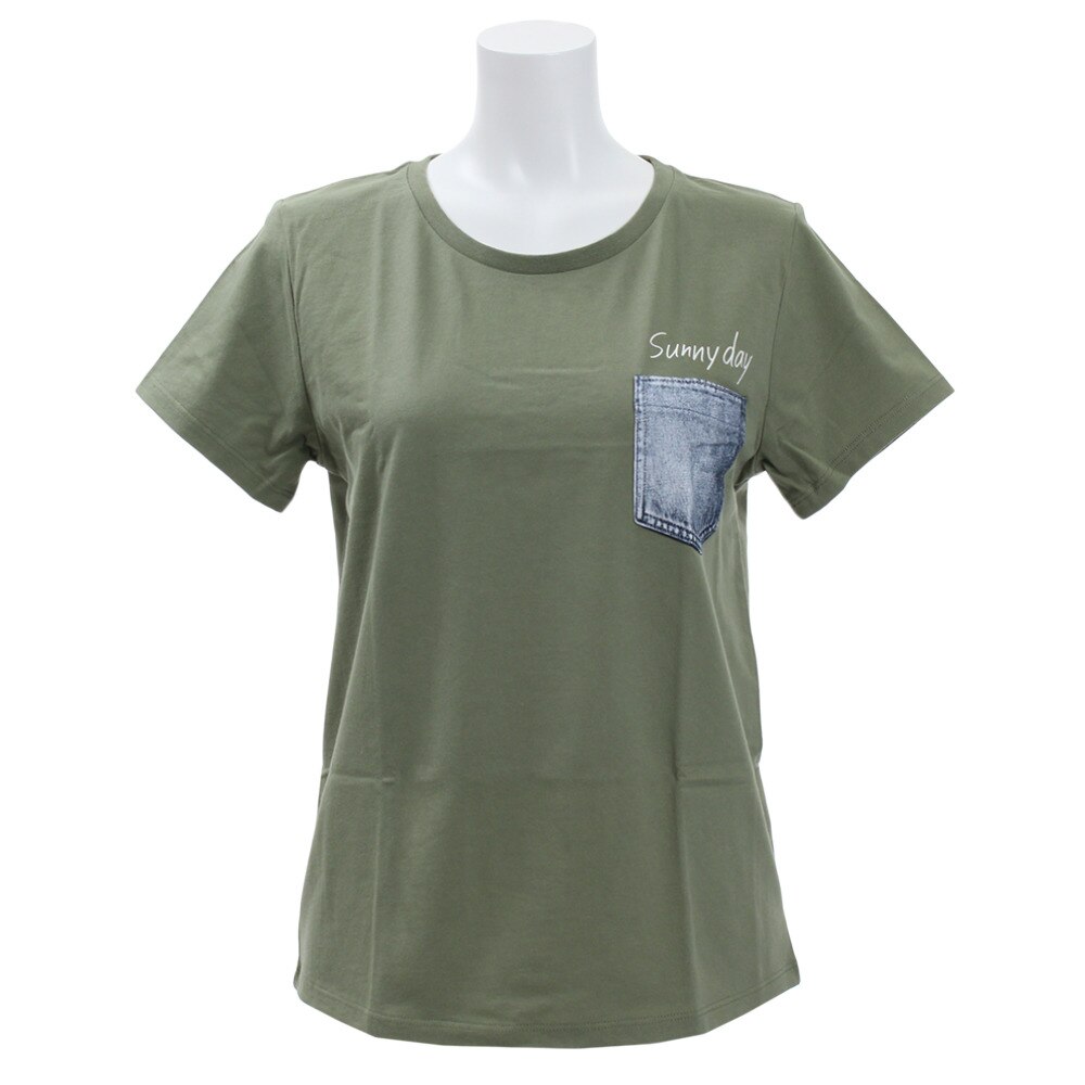  【多少の傷汚れありの為大奉仕】Tシャツ レディース 半袖 プリント デニム風ポケット 872PA9JY6384KHK オンライン価格