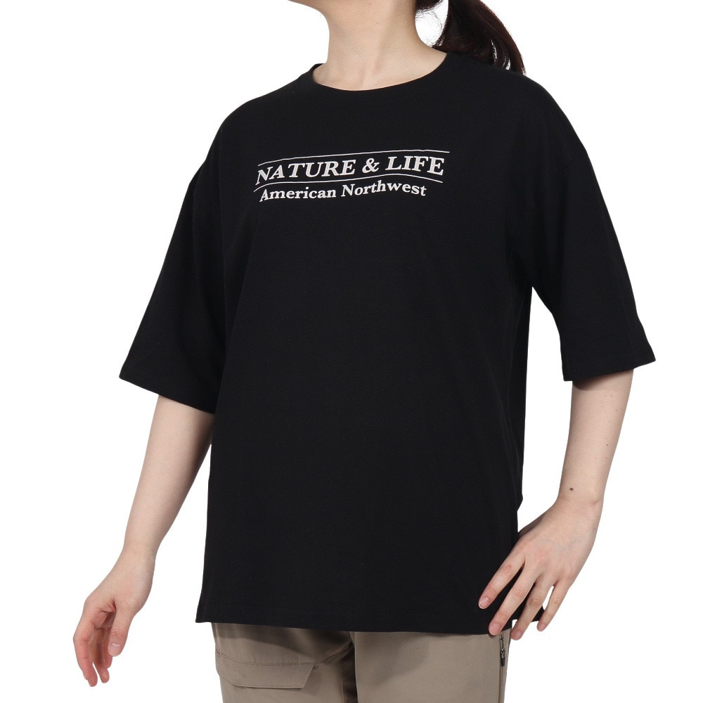 エルケクス（ELKEX）（レディース）半袖 フロッキープリント ワイドTシャツ EKL5S10043 BLK