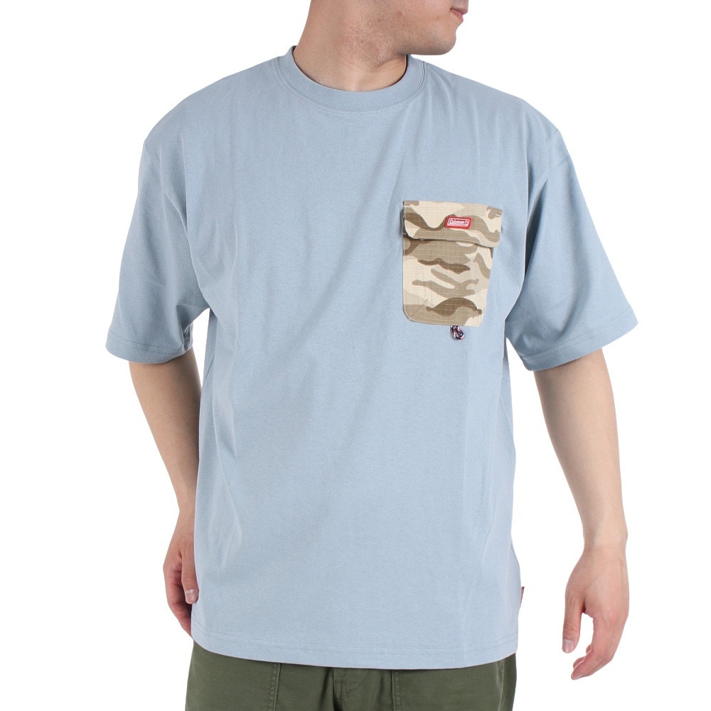 コールマン（Coleman）（メンズ）バックプリント 半袖Tシャツ 無地 布帛 ポケットTシャツ X533HA BLU ブルー 綿100％
