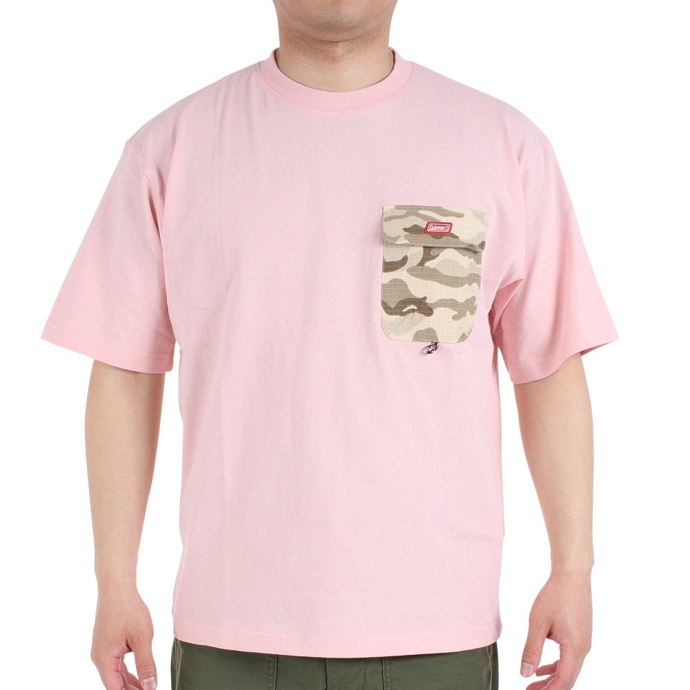 コールマン（Coleman）（メンズ）バックプリント 半袖Tシャツ 無地 布帛 ポケットTシャツ X533HA PNK ピンク 綿100％