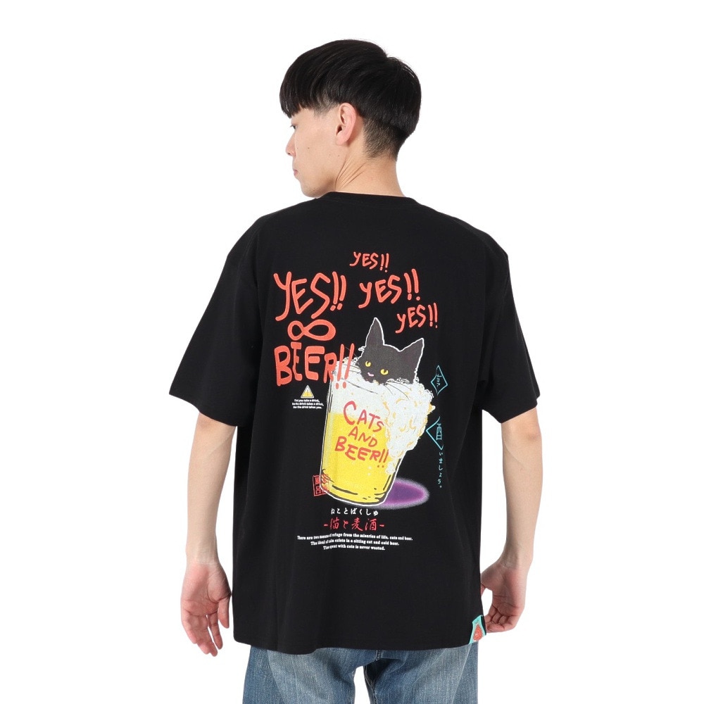 ゴースローキャラバン（GOSLOWCARAVAN）（メンズ、レディース）RAY綿 猫と麦酒TEE 麦酒風呂2 半袖Tシャツ 342611 BLK ブラック