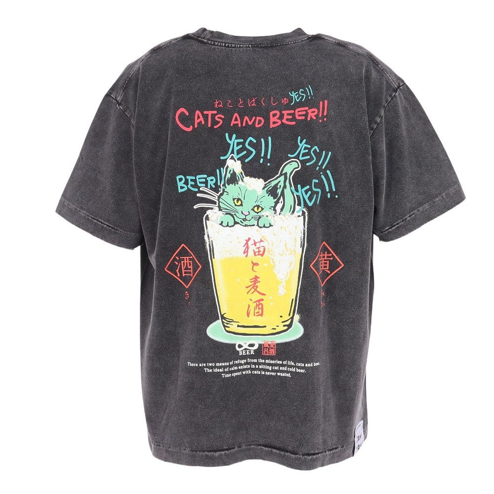 ゴースローキャラバン（GOSLOWCARAVAN）（メンズ、レディース）RAY綿 猫と麦酒 半袖Tシャツ 麦酒風呂 362617 BLK
