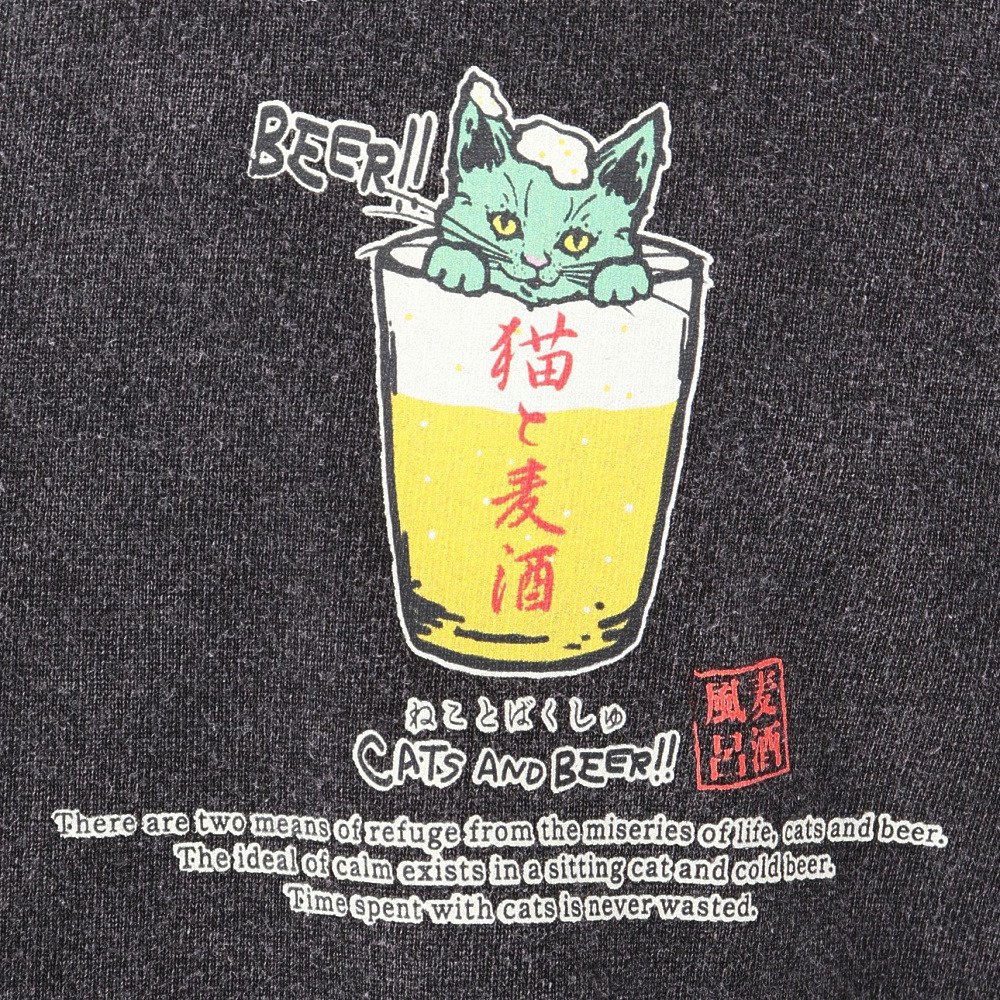 ゴースローキャラバン（GOSLOWCARAVAN）（メンズ、レディース）RAY綿 猫と麦酒 半袖Tシャツ 麦酒風呂 362617 BLK