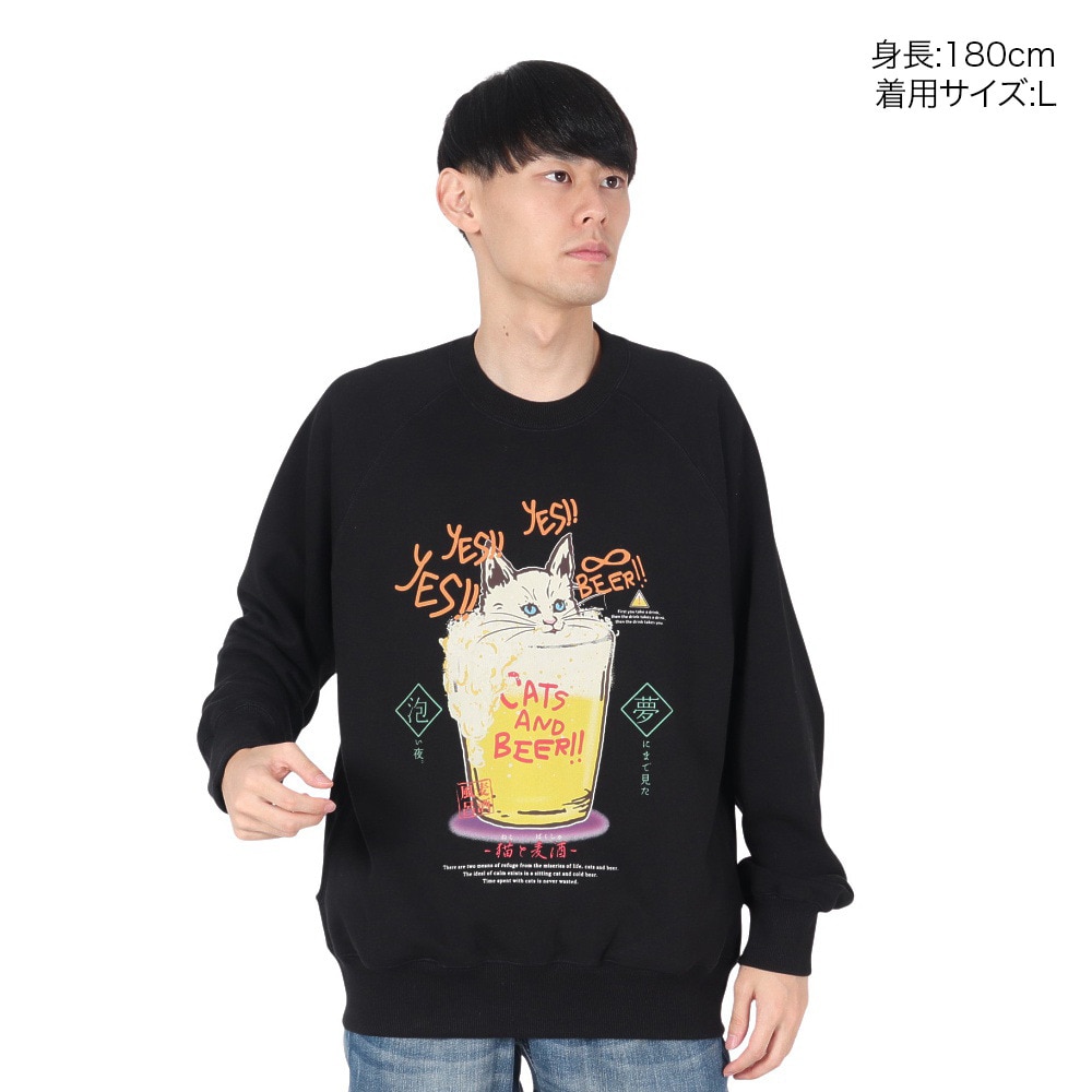 ゴースローキャラバン（GOSLOWCARAVAN）（メンズ）空紡糸裏毛 猫と麦酒 クルースウェットシャツ 332606 BLK