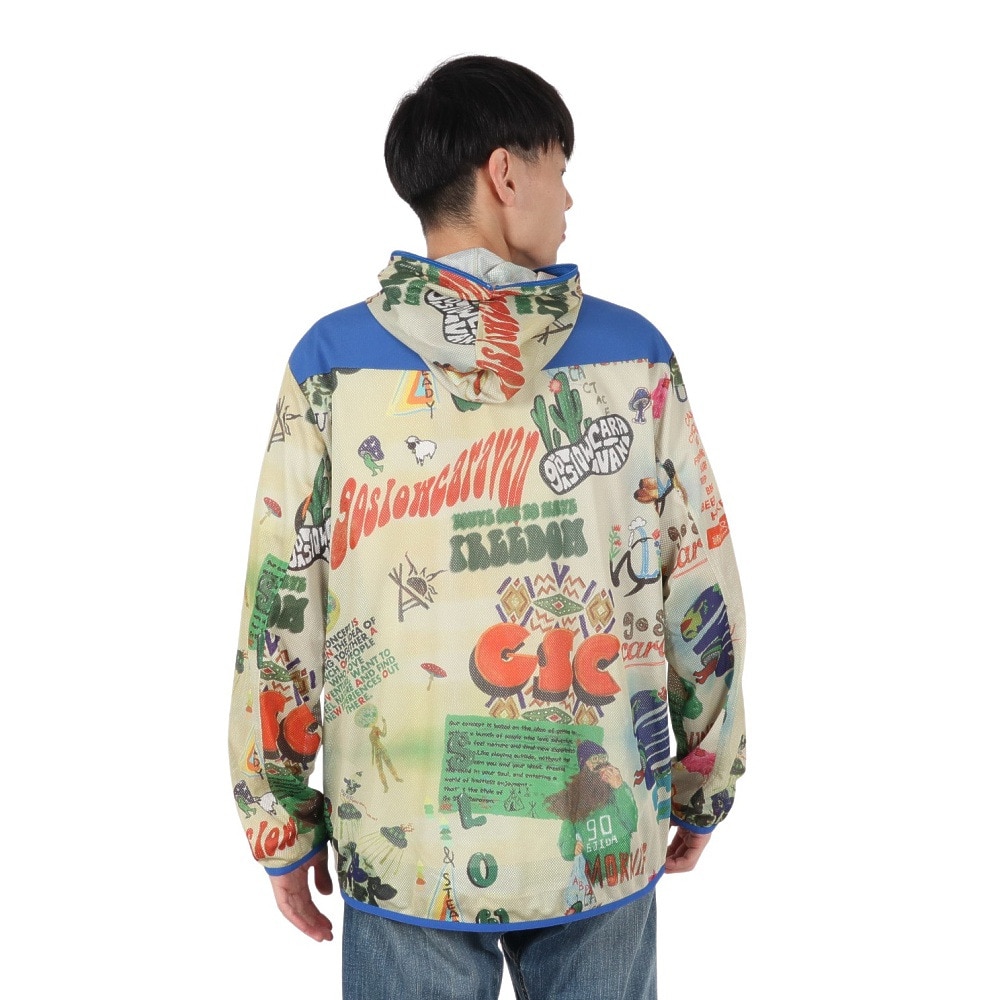 ゴースローキャラバン（GOSLOWCARAVAN）（メンズ）メッシュ防蚊加工 総柄プリントパーカー ジャケット 340216 ブルー