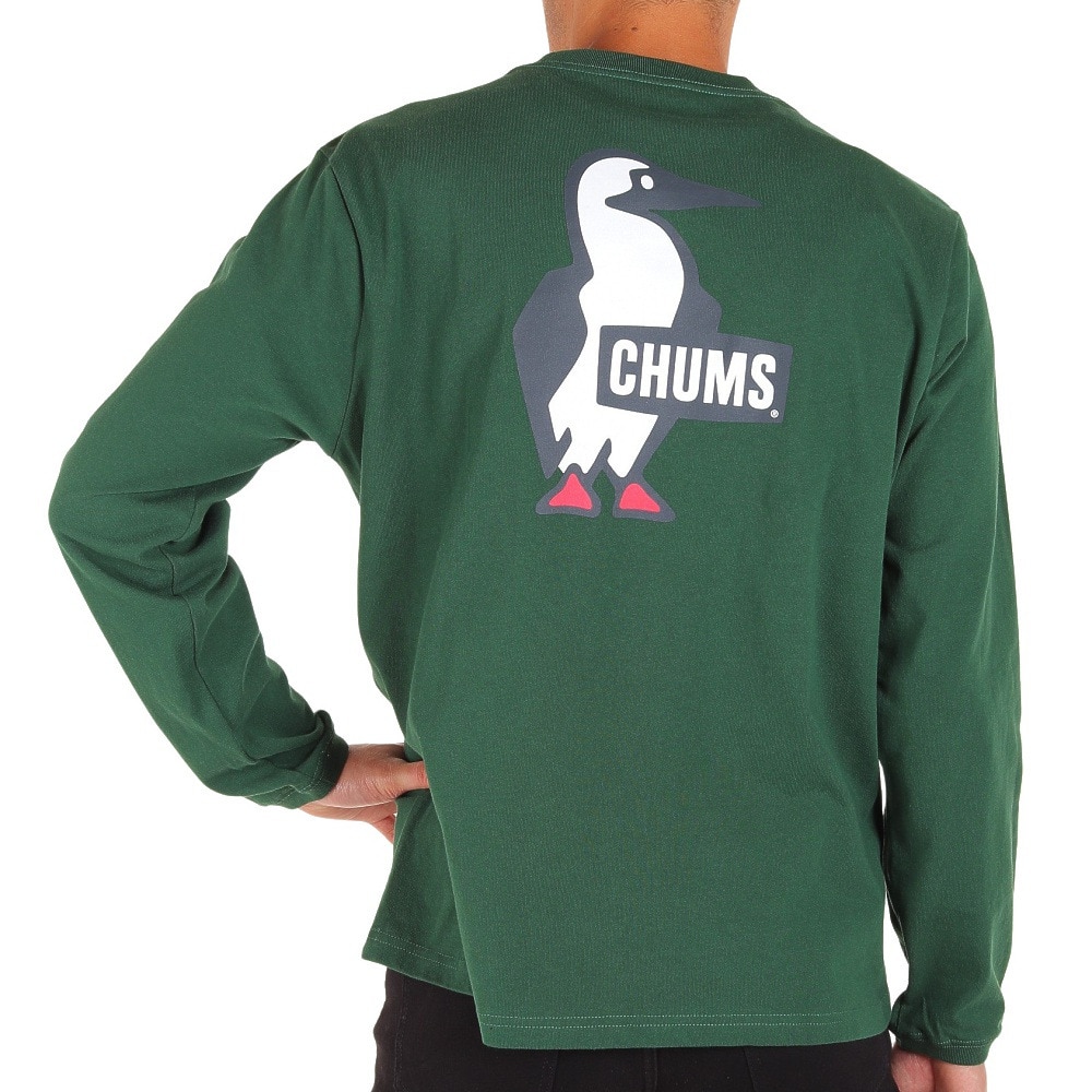 チャムス（CHUMS）（メンズ）長袖Tシャツ ロンT ブービーロゴTシャツ CH01-2275-M080 グリーン バックプリント 綿100