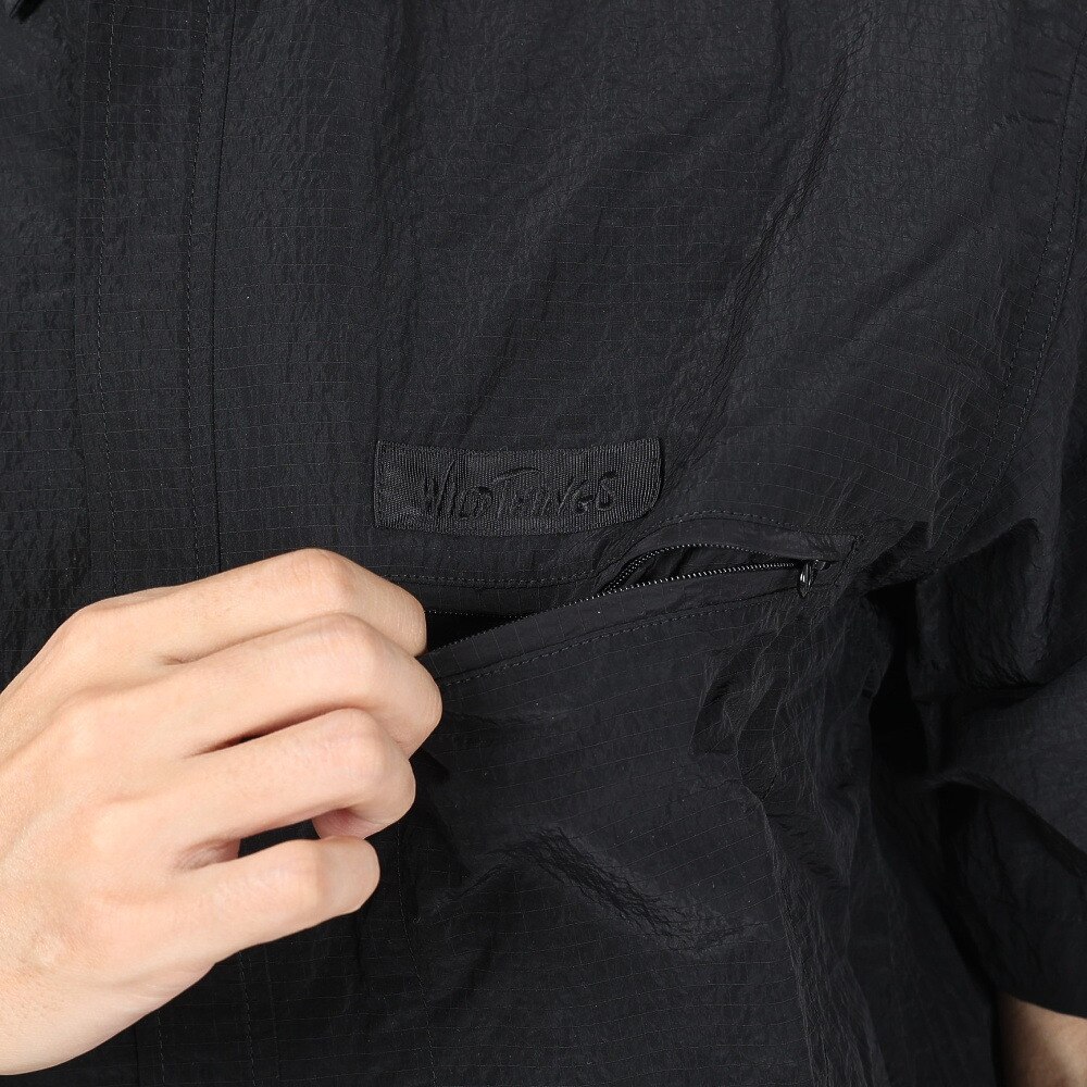 ワイルドシングス（WILD THINGS）（メンズ）カジュアルシャツ グレイン リップ ジップ 半袖シャツ WT23019SK-BLACK ブラック