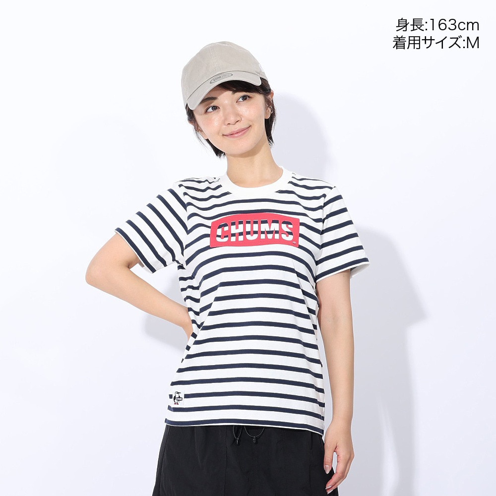 チャムス（CHUMS）（レディース）ロゴ 半袖Tシャツ CH11-2277-W075 ホワイト×ネイビー ボーダー