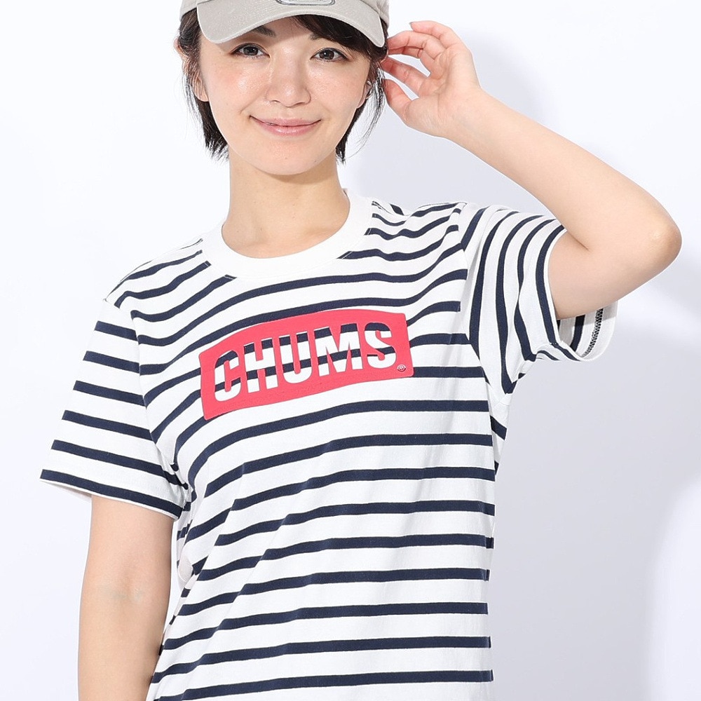 チャムス（CHUMS）（レディース）ロゴ 半袖Tシャツ CH11-2277-W075 ホワイト×ネイビー ボーダー