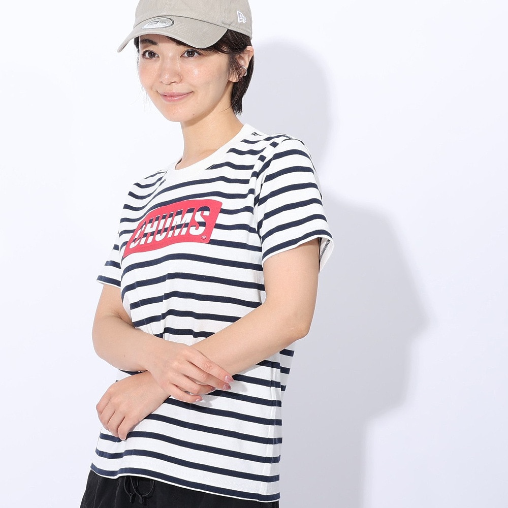 チャムス（CHUMS）（レディース）ロゴ 半袖Tシャツ CH11-2277-W075 ホワイト×ネイビー ボーダー