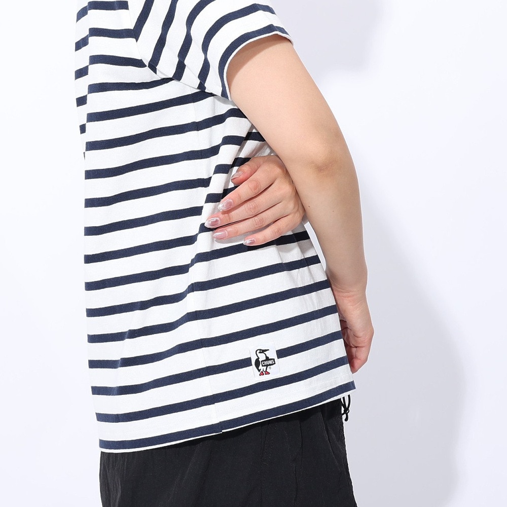 チャムス（CHUMS）（レディース）ロゴ 半袖Tシャツ CH11-2277-W075 ホワイト×ネイビー ボーダー