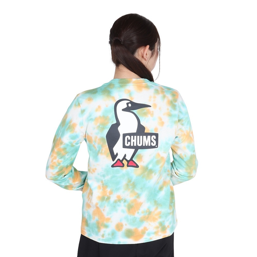 チャムス（CHUMS）（レディース）長袖Tシャツ ロンT ブービーロゴTシャツ CH11-2275-Z358 オレンジ×グリーン バックプリント 綿100