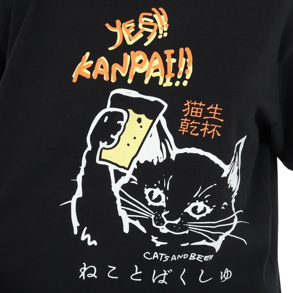ゴースローキャラバン（GOSLOWCARAVAN）（メンズ、レディース）RAY綿 猫と麦酒 半袖Tシャツ 猫生乾杯 362616 BLK