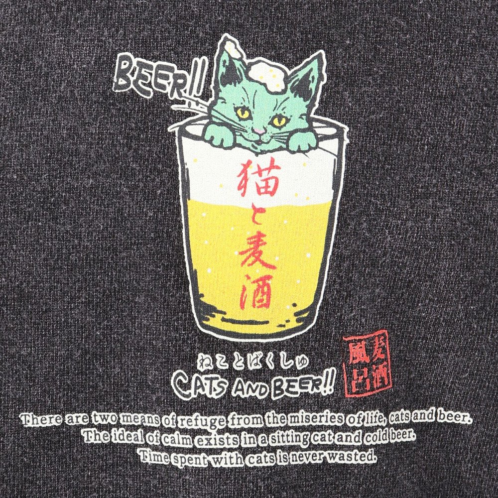 ゴースローキャラバン（GOSLOWCARAVAN）（メンズ、レディース）RAY綿 猫と麦酒 半袖Tシャツ 麦酒風呂 362617 BLK