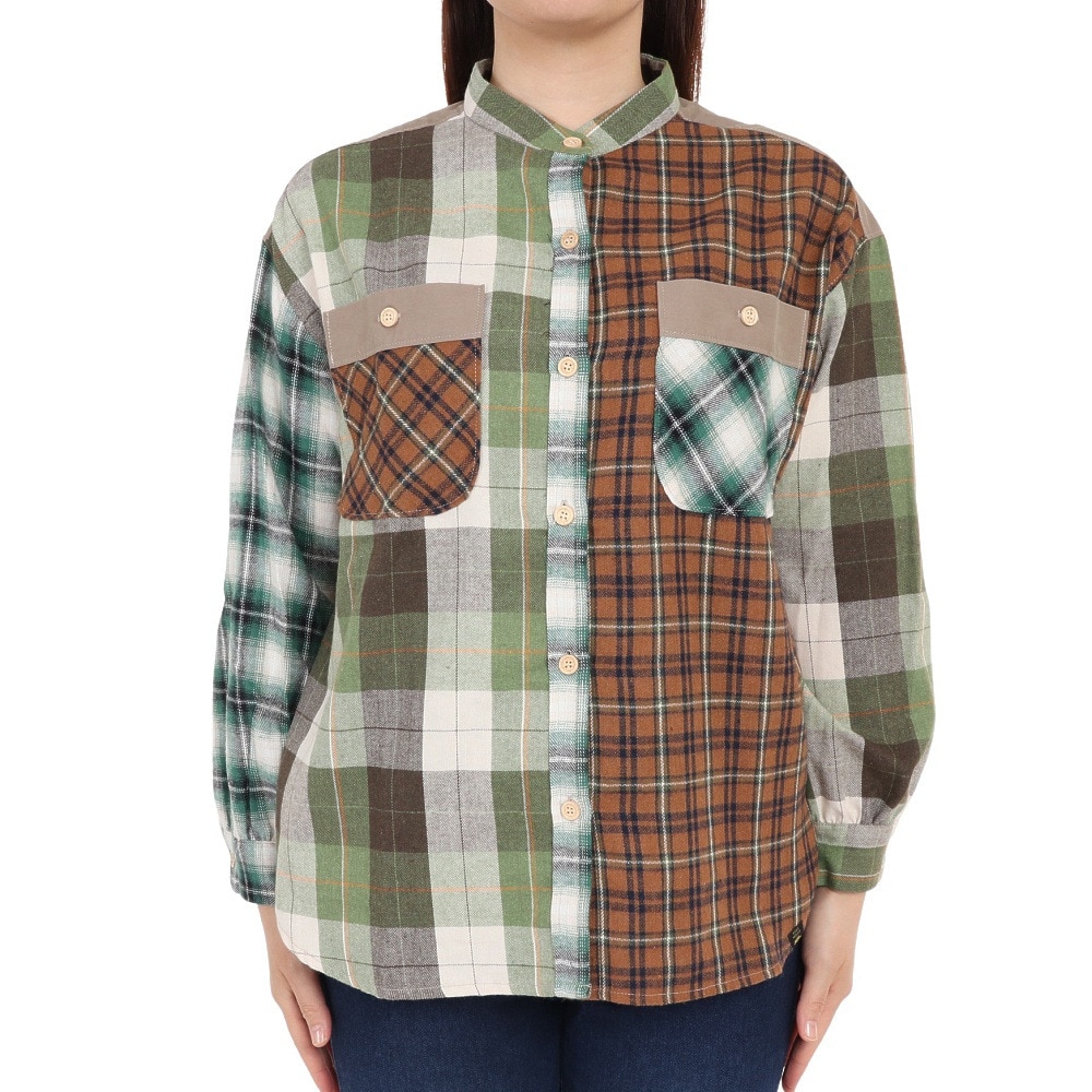 クリフメイヤー（KRIFF MAYER）（レディース）カジュアルシャツ 長袖 マルチチェックシャツ 2315804L-65:GREEN グリーン×ブラウン