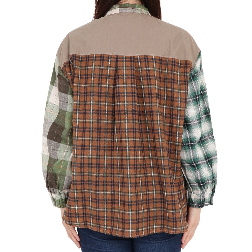 クリフメイヤー（KRIFF MAYER）（レディース）カジュアルシャツ 長袖 マルチチェックシャツ 2315804L-65:GREEN グリーン×ブラウン