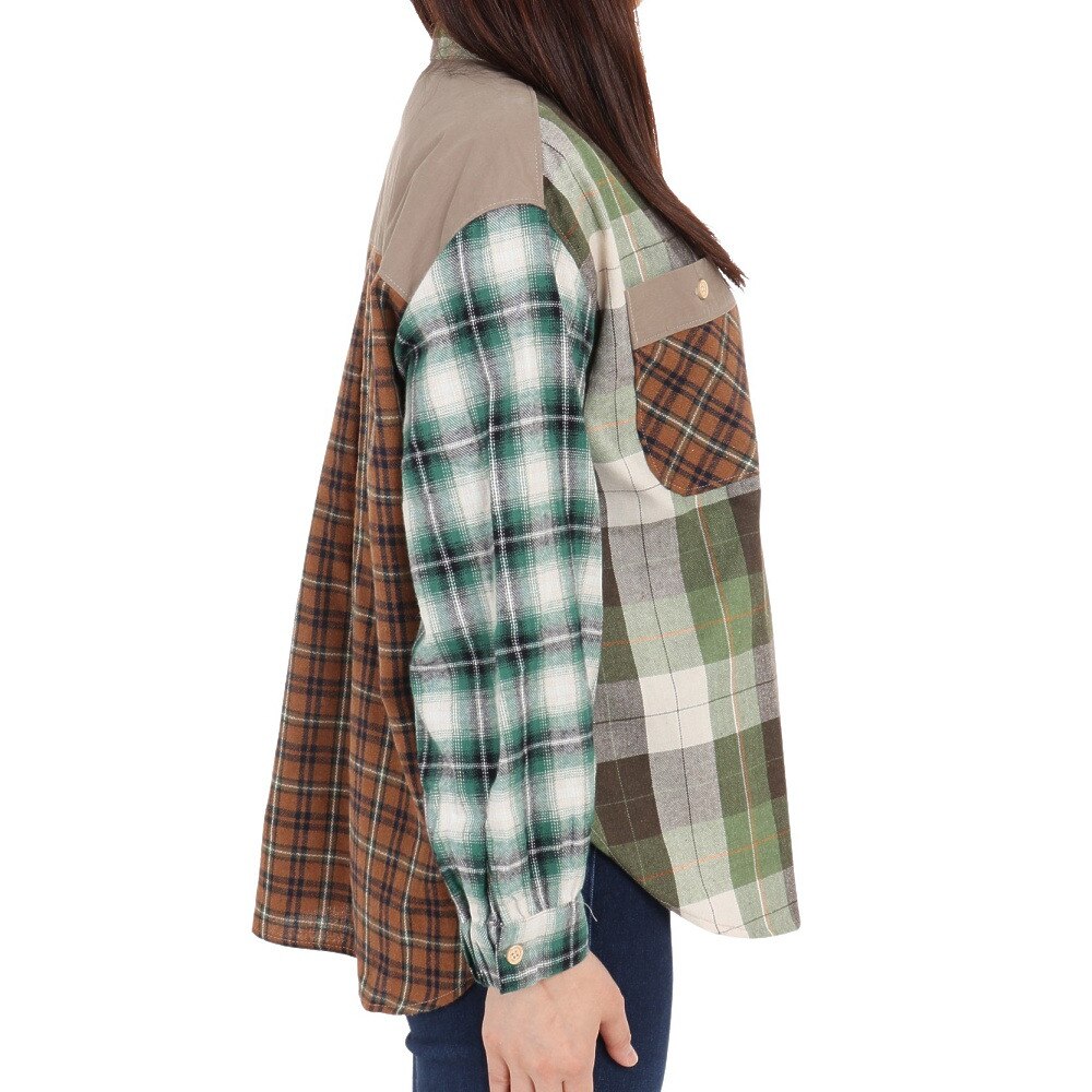 クリフメイヤー（KRIFF MAYER）（レディース）カジュアルシャツ 長袖 マルチチェックシャツ 2315804L-65:GREEN グリーン×ブラウン